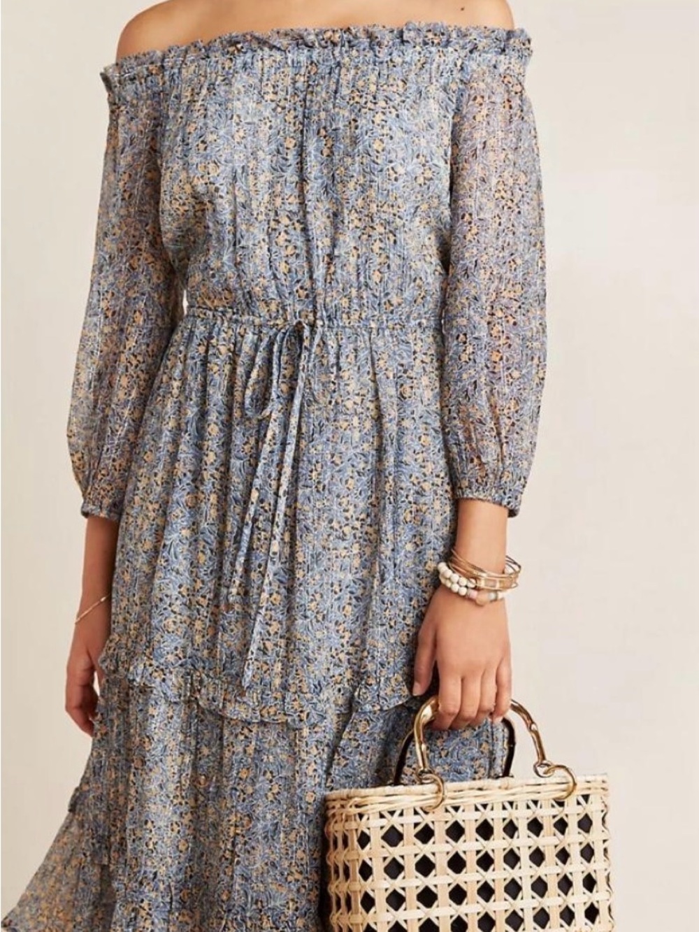 Anthropologie Blue Floral Off-Shoulder Tiered Maxi Dress